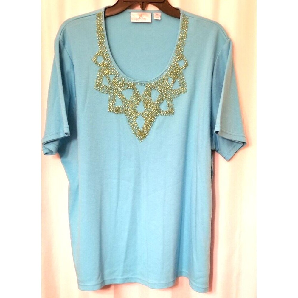 Quacker Factory Women's Top Beaded Embellished Neckline Short Sleeve Size XL